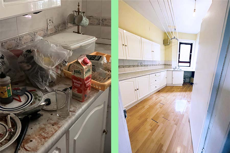 A before and after picture of the kitchen of a hoarder